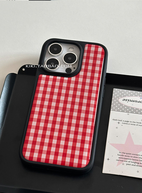 简约红色格纹适用iphone17promax手机壳16滴胶14plus黑边硬壳15苹果13双层水凝胶高级手机壳