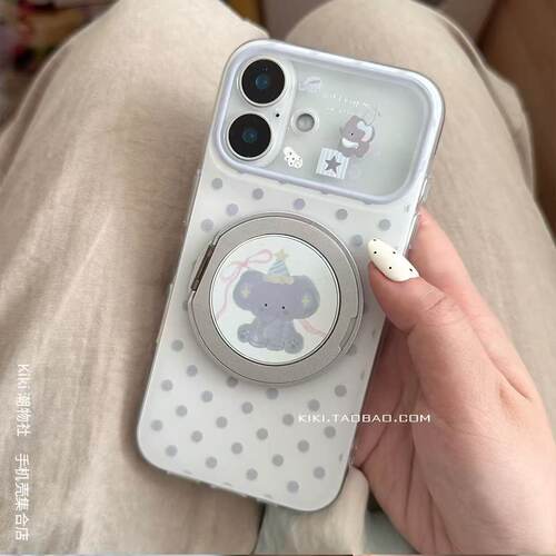 简约波点小象大视窗秒变适用iphone18Promax手机壳17/16旋转支架14硬壳15Promax苹果13精孔透明手机壳