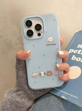 简约波点小动物适用iphone16promax手机壳14plus磨砂亲肤15苹果13可爱蓝色果冻12创意二合一11小众手机壳