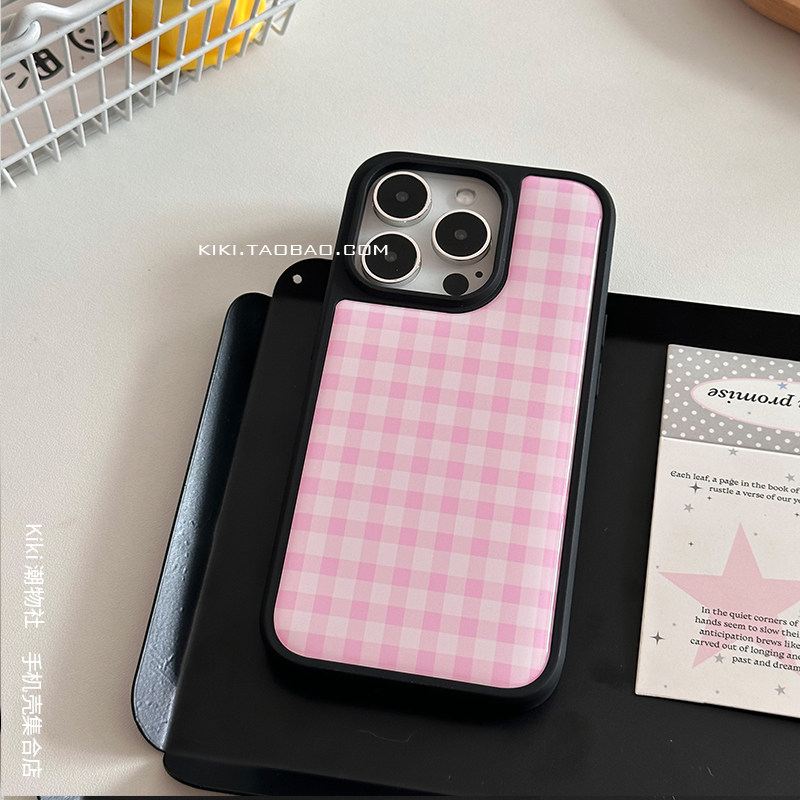 简约粉色格纹适用iphone17promax手机壳16滴胶14plus皮纹黑边硬壳15磁吸苹果13双层水凝胶高级手机壳