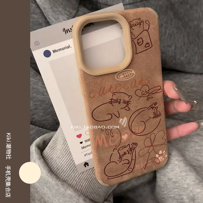 可爱慵懒线条小猫适用iphone17手机壳16promax麂皮感13小众12大孔14软壳15美拉德xr网红同款秋冬保护套