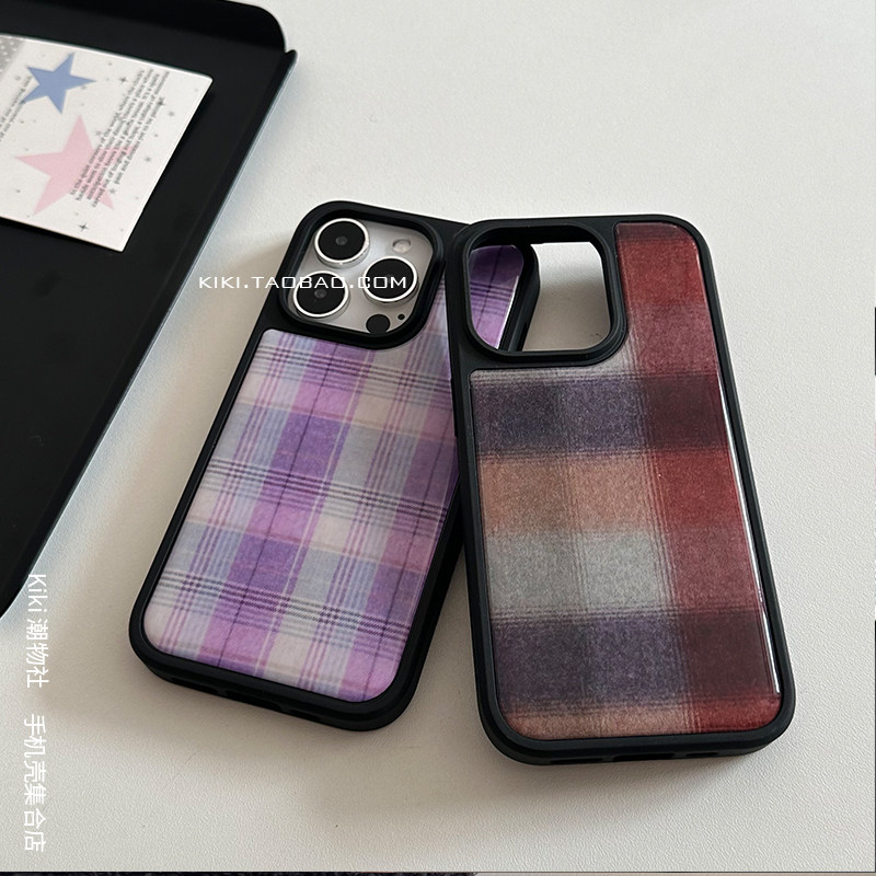韩系紫色格纹适用iphone17promax手机壳16滴胶14plus黑边硬壳15苹果13双层水凝胶高级手机壳