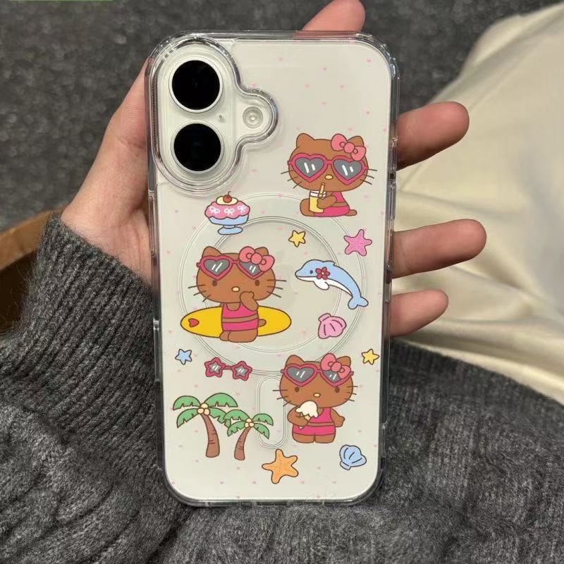 黑皮夏日冲浪Kitty猫适用iphone16promax手机壳14plus磁吸硬壳15苹果13可爱12创意11小众XR磁吸透明手机壳