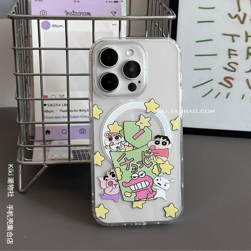 卡通星星饼干小新适用iphone17Promax手机壳16创意14plus磁吸硬壳15Pro苹果磁吸磨砂黑边13透明手机壳