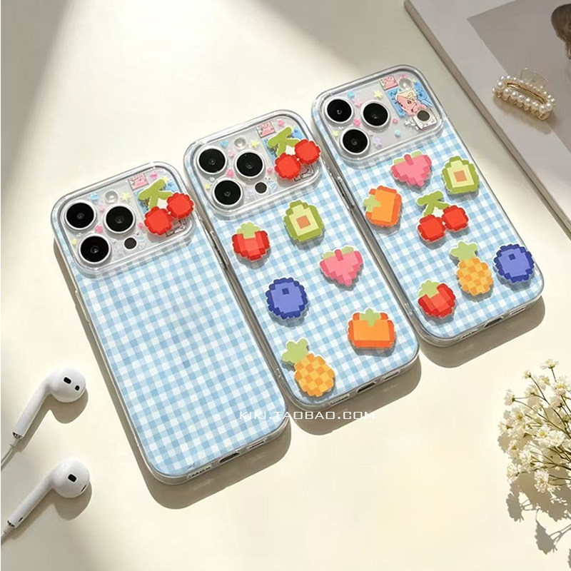 包相机键韩系格纹大视窗秒变17Pro适用iphone17Promax手机壳立体爱心16DIY水果创意14plus软壳15苹果13手机壳