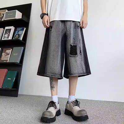 美式复古水洗破洞工装短牛仔裤男