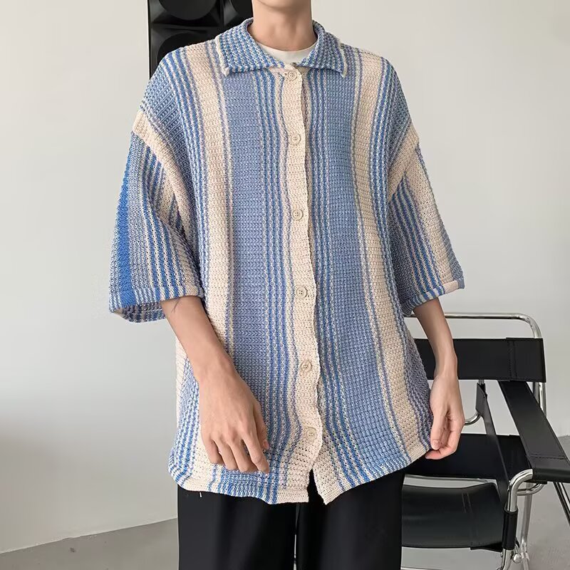 美式多巴胺撞色短袖衬衫男夏宽松