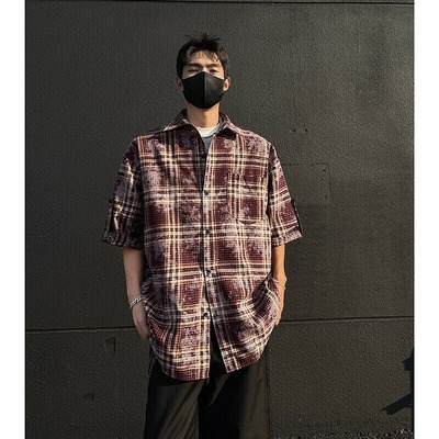 红色美式扎染格子短袖衬衫男款夏