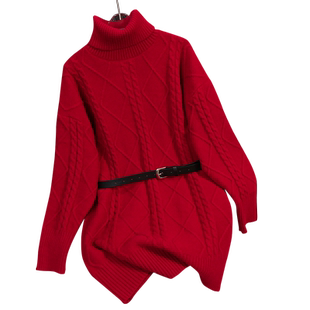 高领毛衣女秋冬中长款打底衫女收腰显瘦小个子针织连衣裙红色上衣