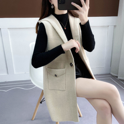 连帽纯色中长款无袖外套