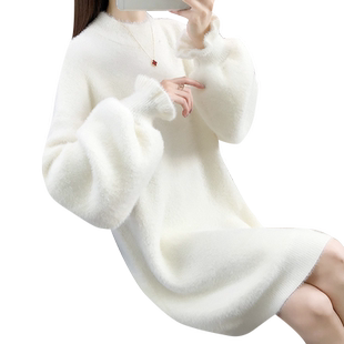 毛衣女款2025新款冬季内搭上衣女中长款白色打底衫女厚针织连衣裙
