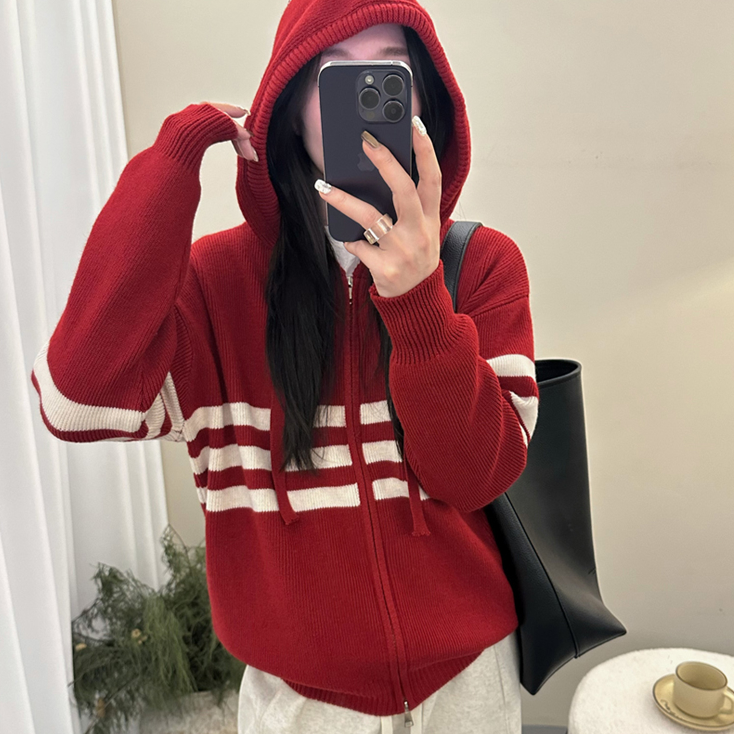 韩版条纹连帽拉链针织开衫