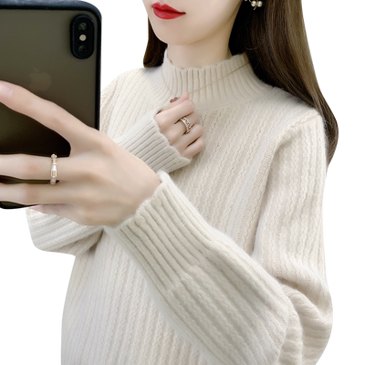 毛衣女款2025新款冬季加绒加厚内搭半高领打底衫女宽松针织上衣女