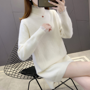 毛衣女款2026新款冬季中长款时尚洋气水貂绒加厚蕾丝打底衫女秋冬
