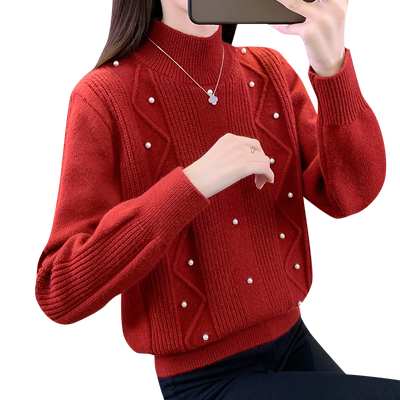 毛衣女款2025新款冬季钉珠内搭长袖红色上衣加绒加厚高领打底衫女
