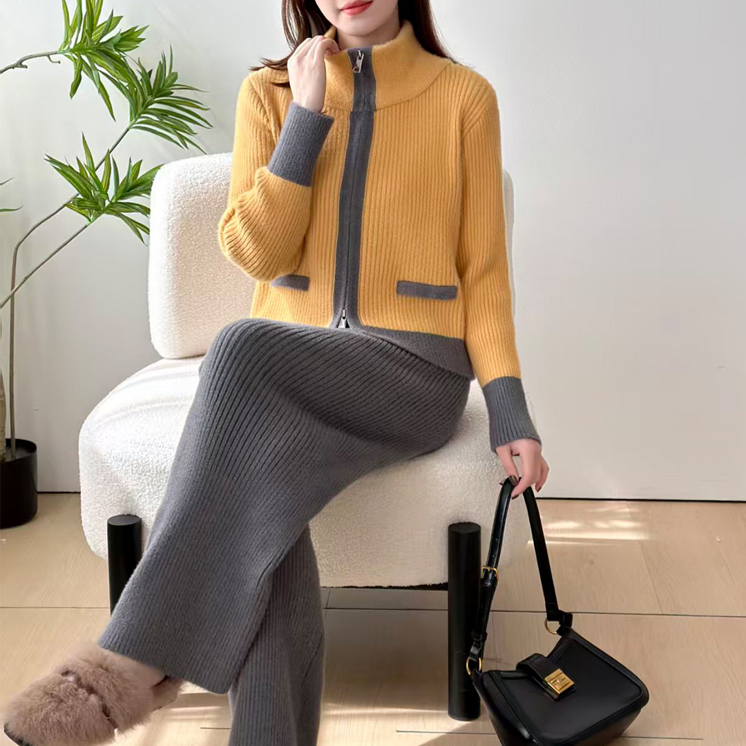 慵懒风撞色开衫阔腿裤套装