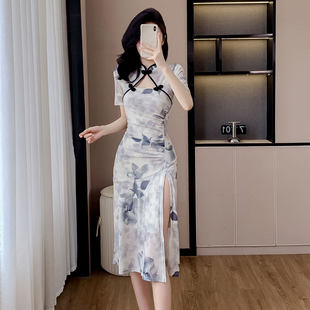 水墨风新中式 显瘦改良旗袍侧开叉包臀长裙茶服 连衣裙女夏气质修身
