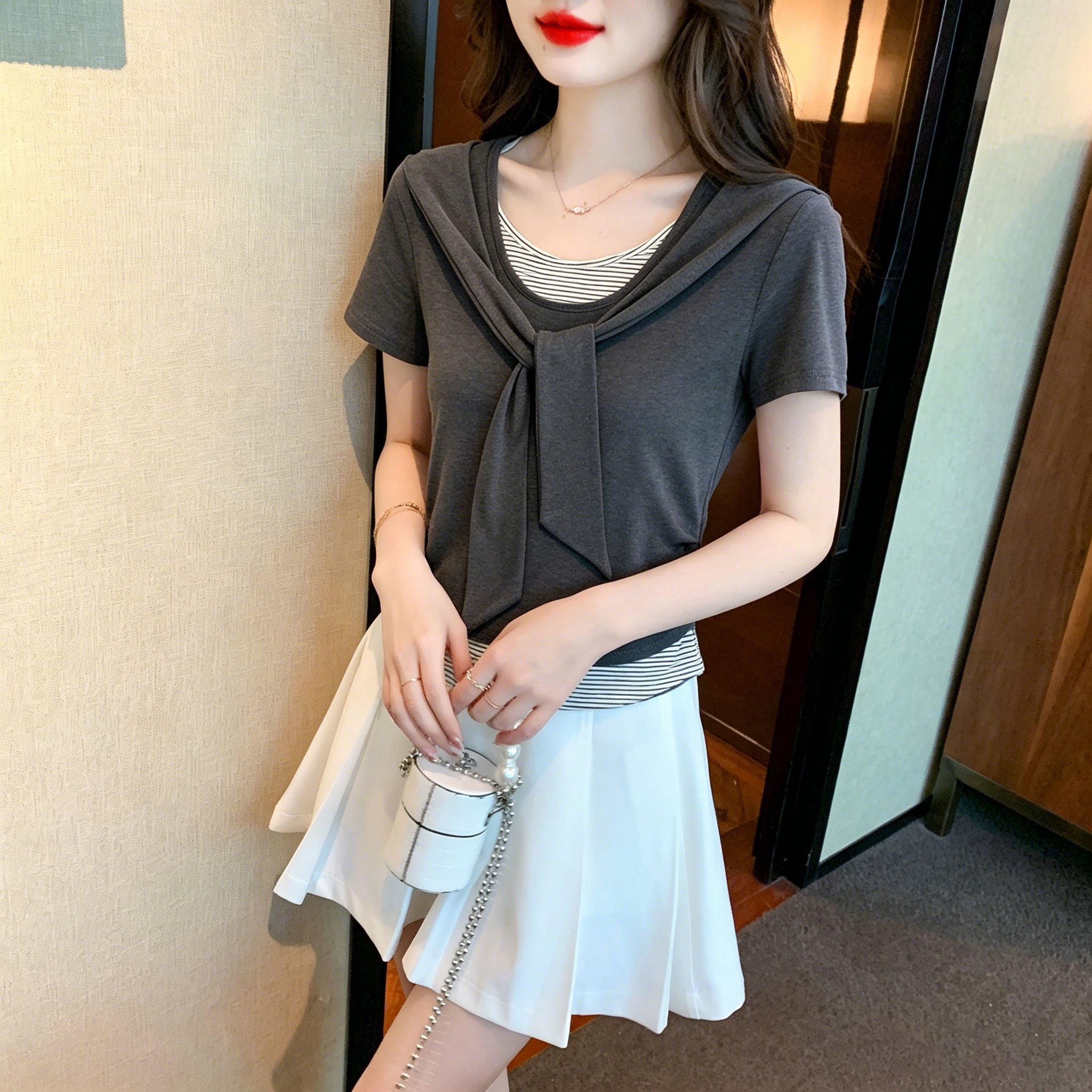 夏季韩系假两件显瘦短袖套装女
