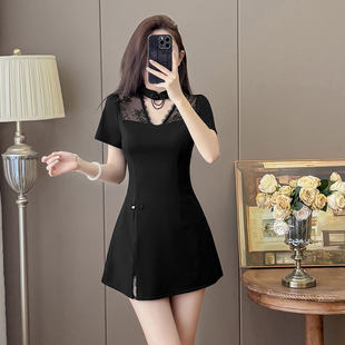 足浴技师工作服女夏天新中式黑色连衣裙显瘦蕾丝V领养生会所制服