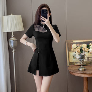 新中式改良旗袍连衣裙女夏季黑色足浴技师工作服蕾丝显瘦A字短裙
