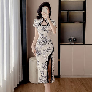 民国风新中式 显瘦包臀侧开叉气质长裙 改良旗袍连衣裙夏水墨画修身