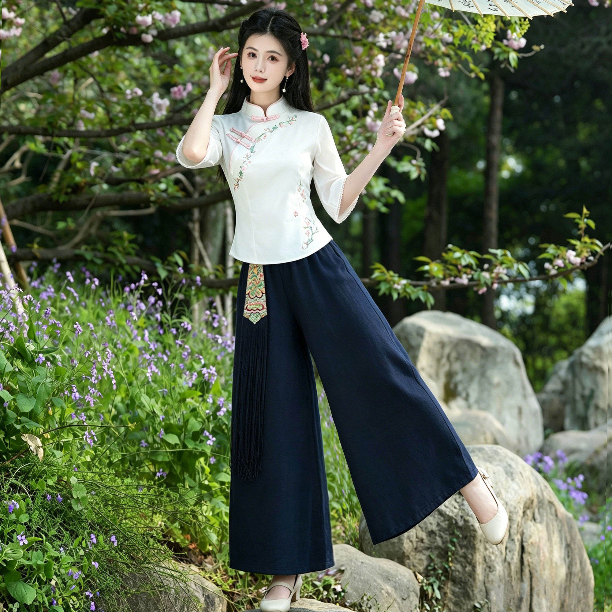 新中式茶艺师服装夏茶楼养生馆前台制服中国风改良汉服套装女日常