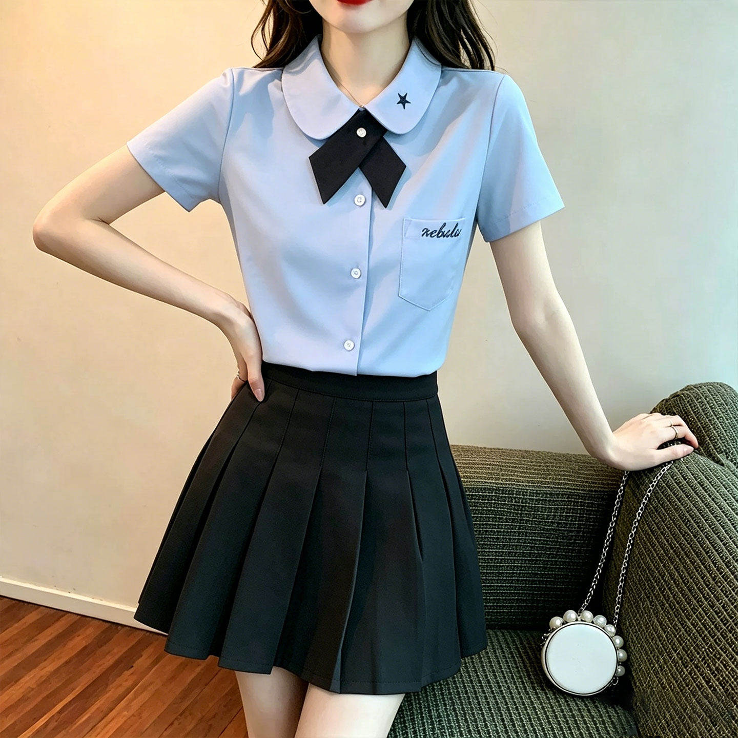 职业学院风美容师制服夏足浴店技师工作服刺绣衬衫百褶裙学生套装