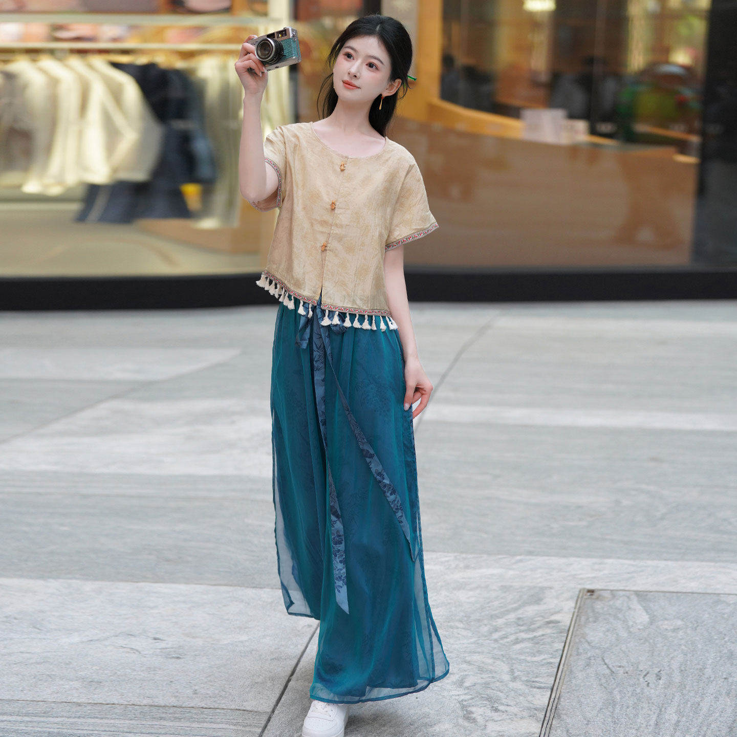 大码女装夏装胖mm显瘦民族风两件套宽松短袖阔腿裤禅意茶服套装女