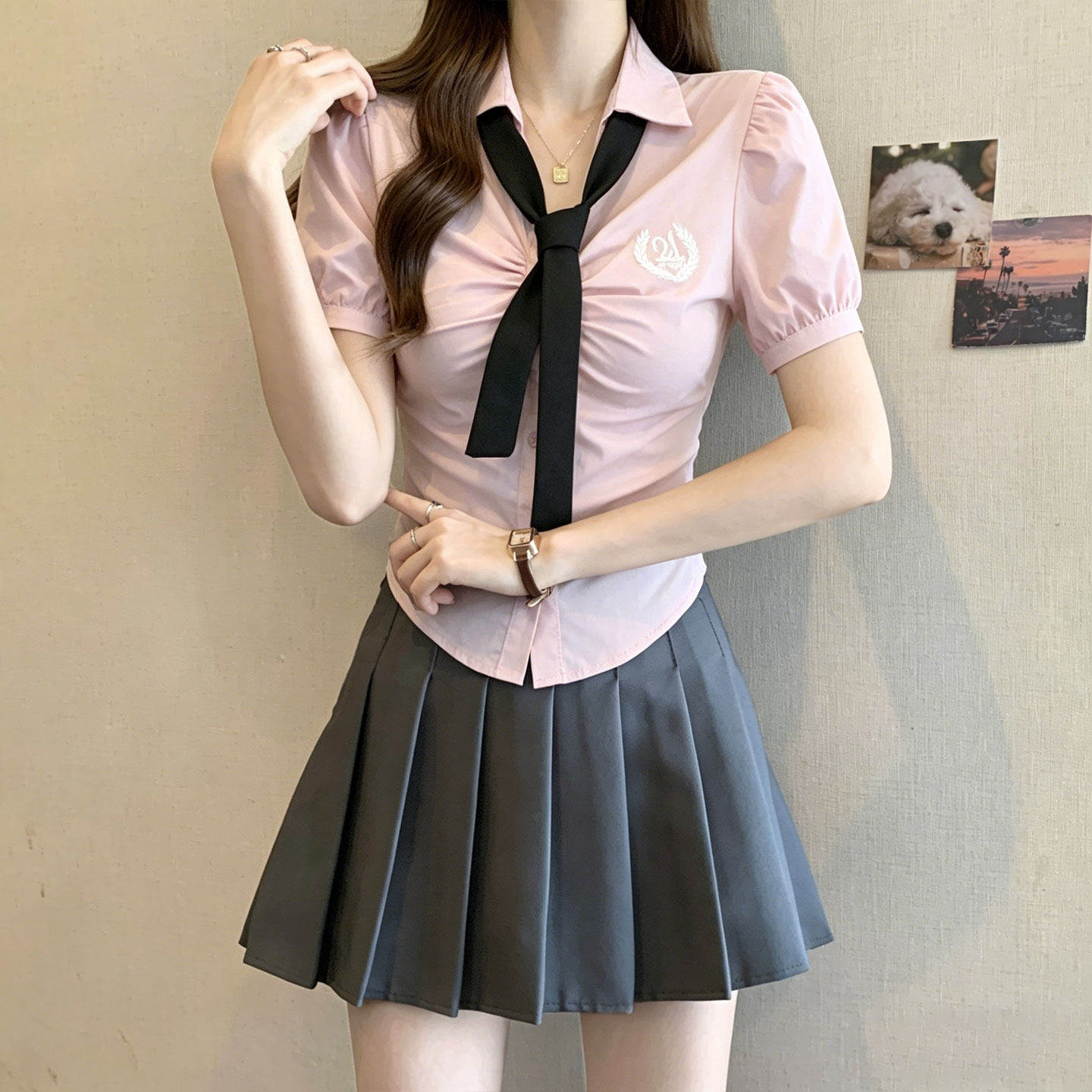 夏季JK泡泡袖百褶裙两件套显瘦