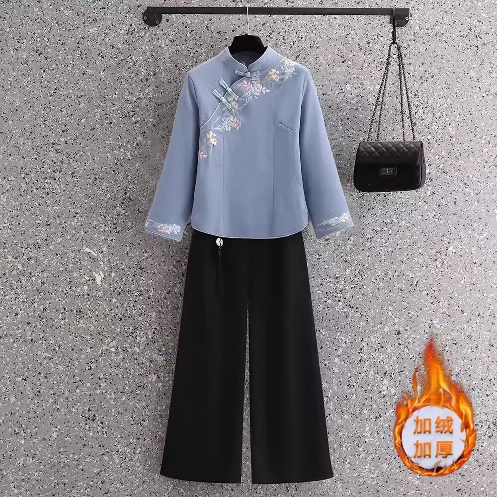 秋冬加绒加厚旗袍上衣新中式国风女装汉服唐装套装古装茶艺师服装