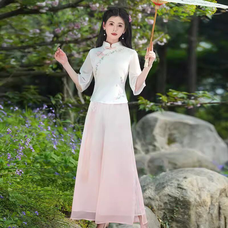 夏天中式民国风汉服上衣薄款显瘦盘扣茶艺师旗袍套装养生馆工作服图片