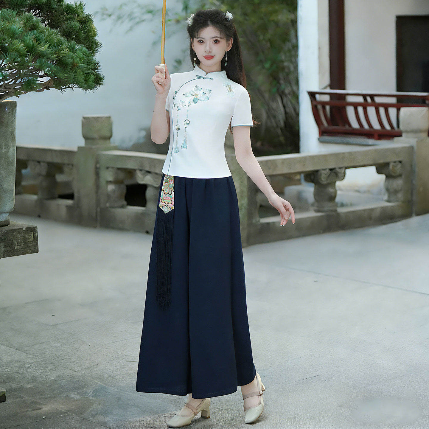 夏季新中式汉服套装中国风日常改良旗袍年轻款少女上衣两件套茶服
