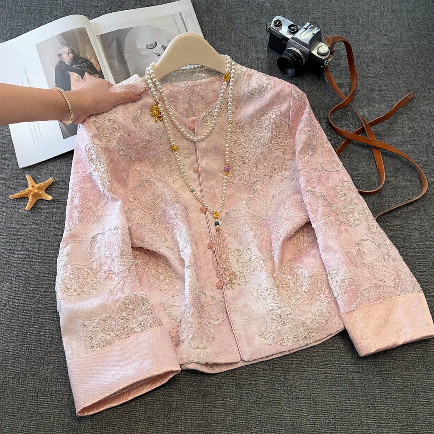 中国风改良旗袍外套女春装粉色刺绣妈妈唐装上衣宽松显瘦长袖开衫