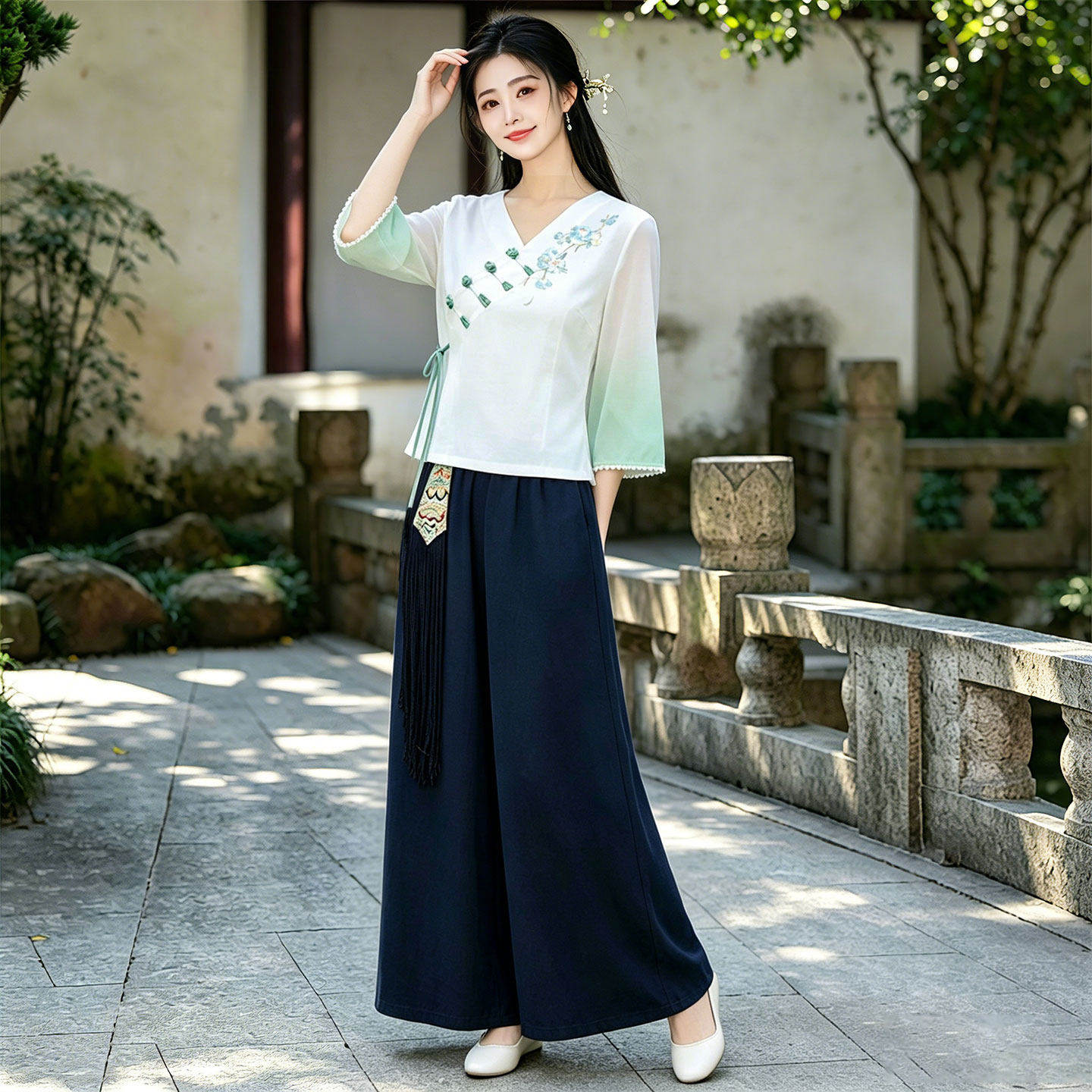 中医馆理疗师工服新中式国风套装旗袍盘扣刺绣上衣茶艺师服装汉服