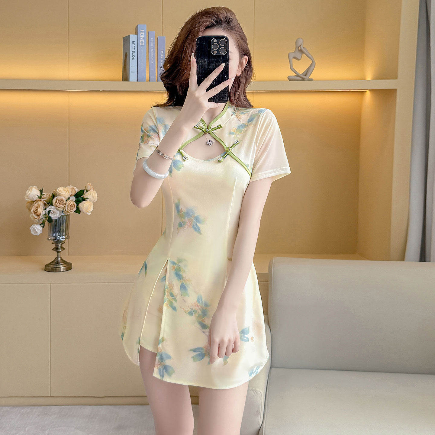 中式改良旗袍汉服套装年轻款少女连衣裙美容院KTV养生会所工衣夏