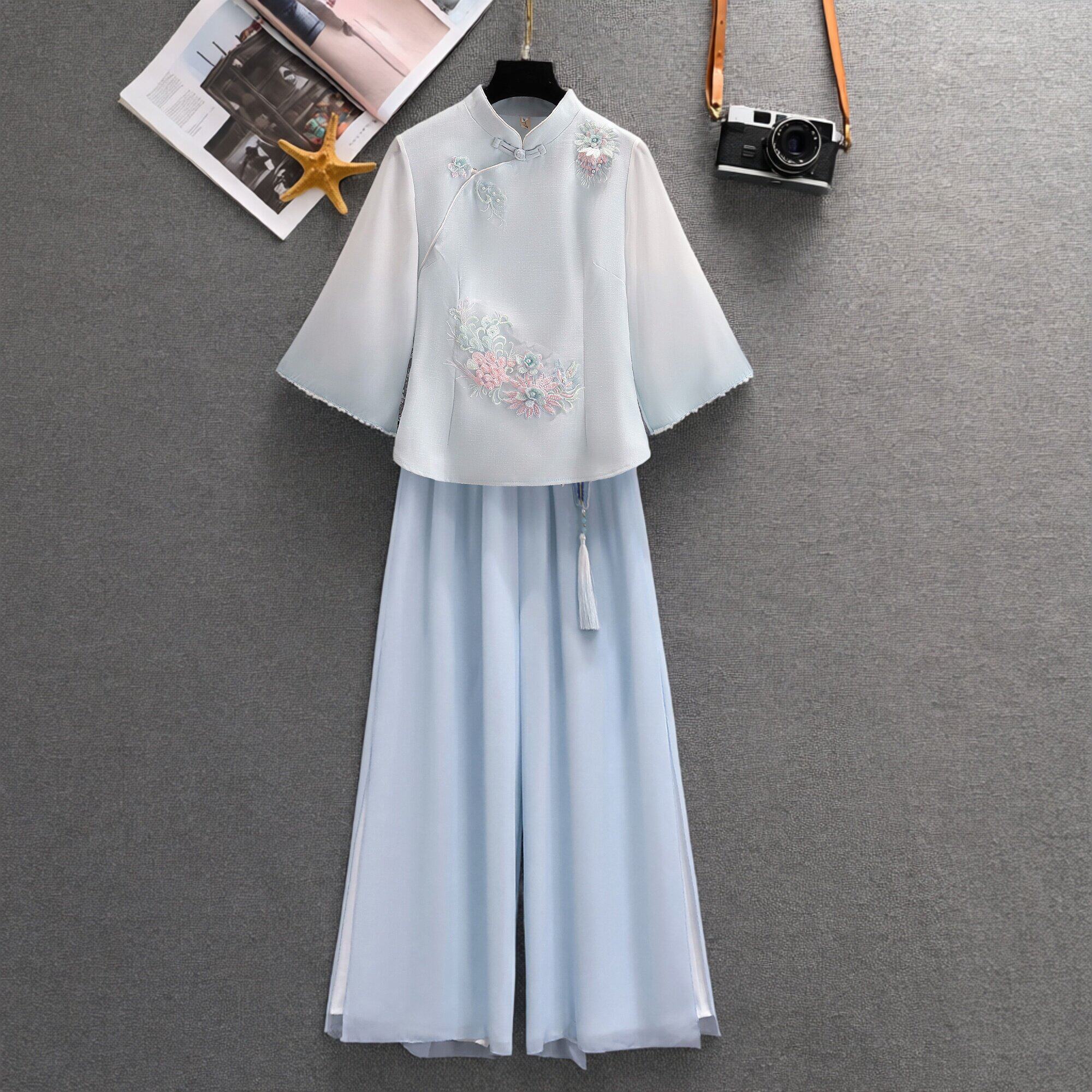 旗袍上衣养生馆技师服薄款禅意套装美容院艾灸师工作服刺绣两件套