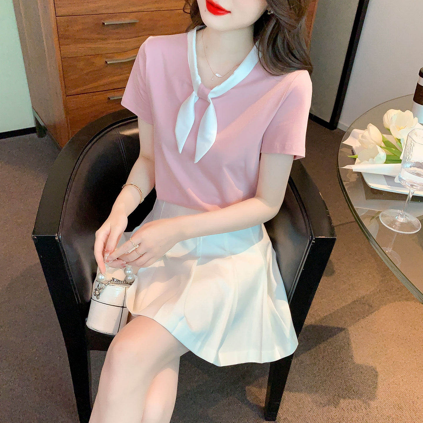 粉色短袖t恤夏甜美学院风百褶短裙两件套减龄套装足浴技师工作服