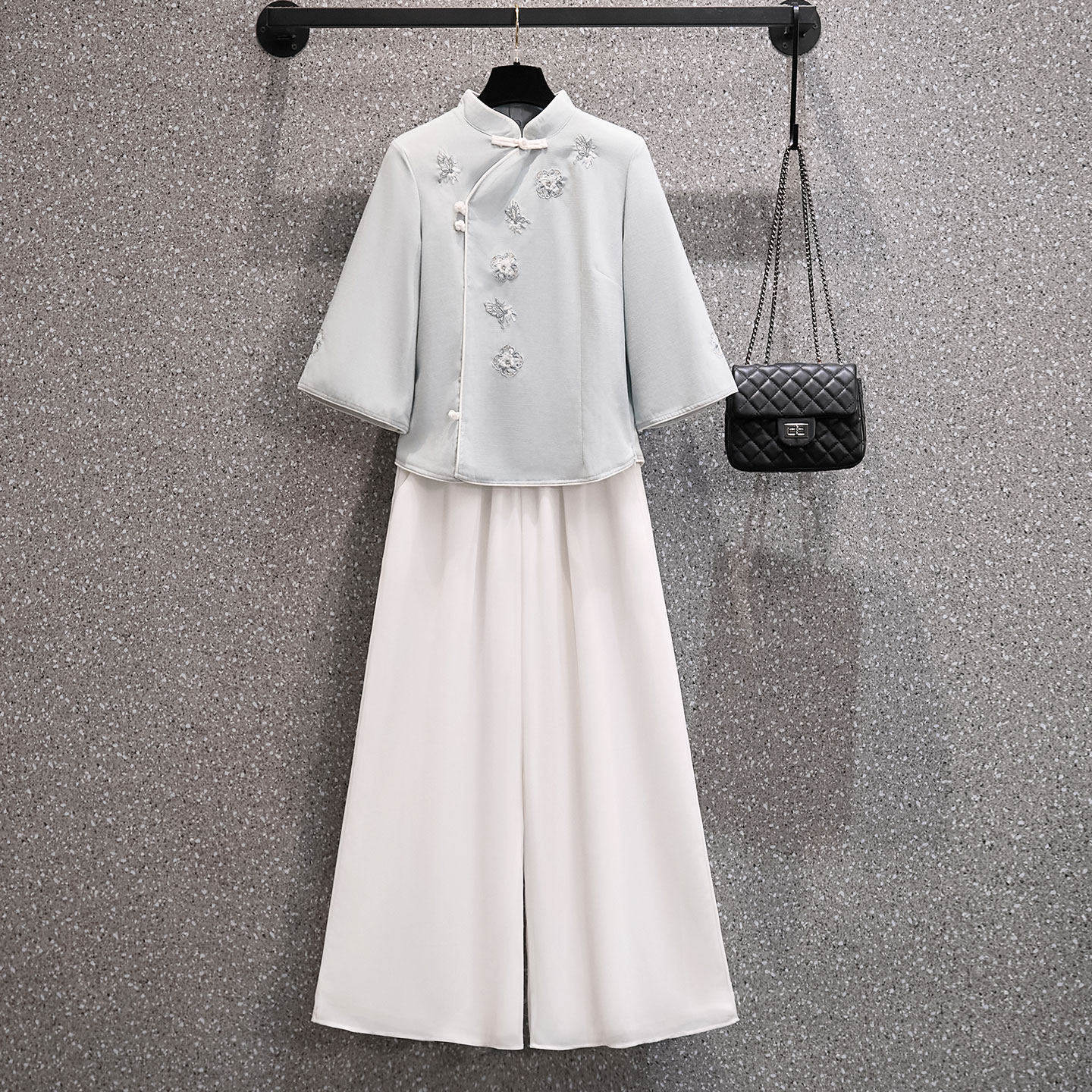 新中式中国风女夏装两件套上衣刺绣套装改良旗袍养生馆工作服茶服