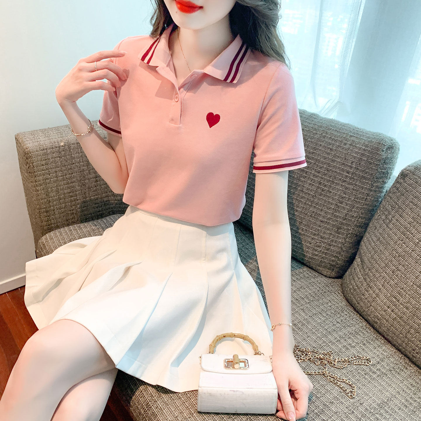 衬衫女短袖学院风百褶裙套装甜美减龄两件套职业美容师会所工作服