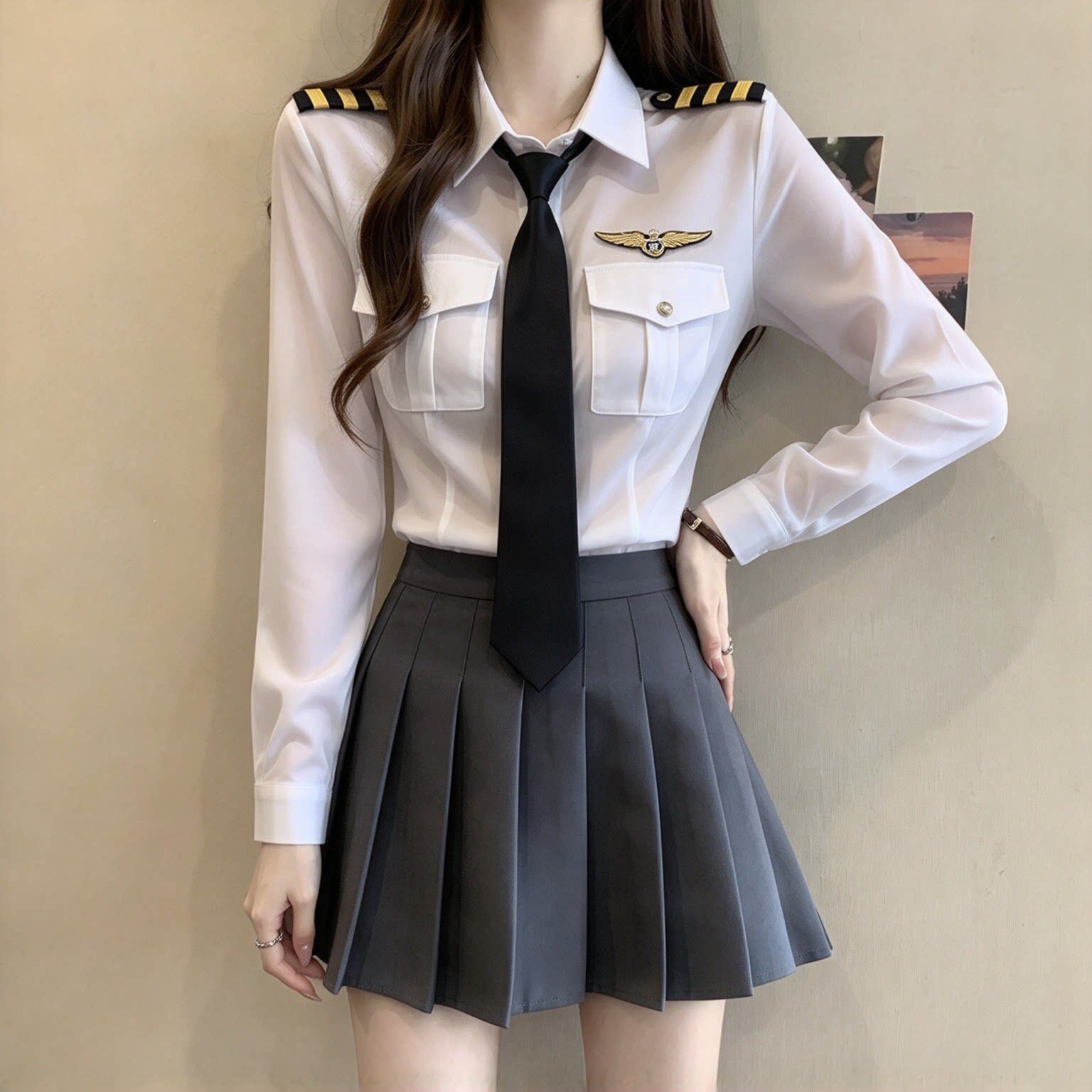空姐制服套装女机长风白衬衫领带百褶裙养生馆足浴SPA技师工作服