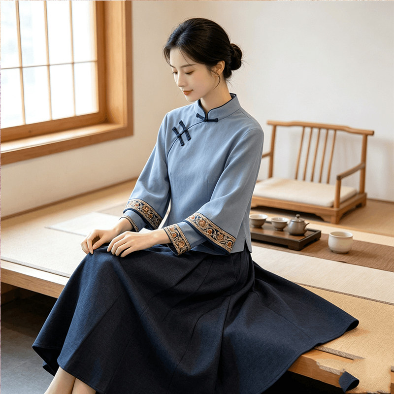茶艺师工作服秋季套装茶楼制服改良盘扣文艺复古旗袍连衣裙