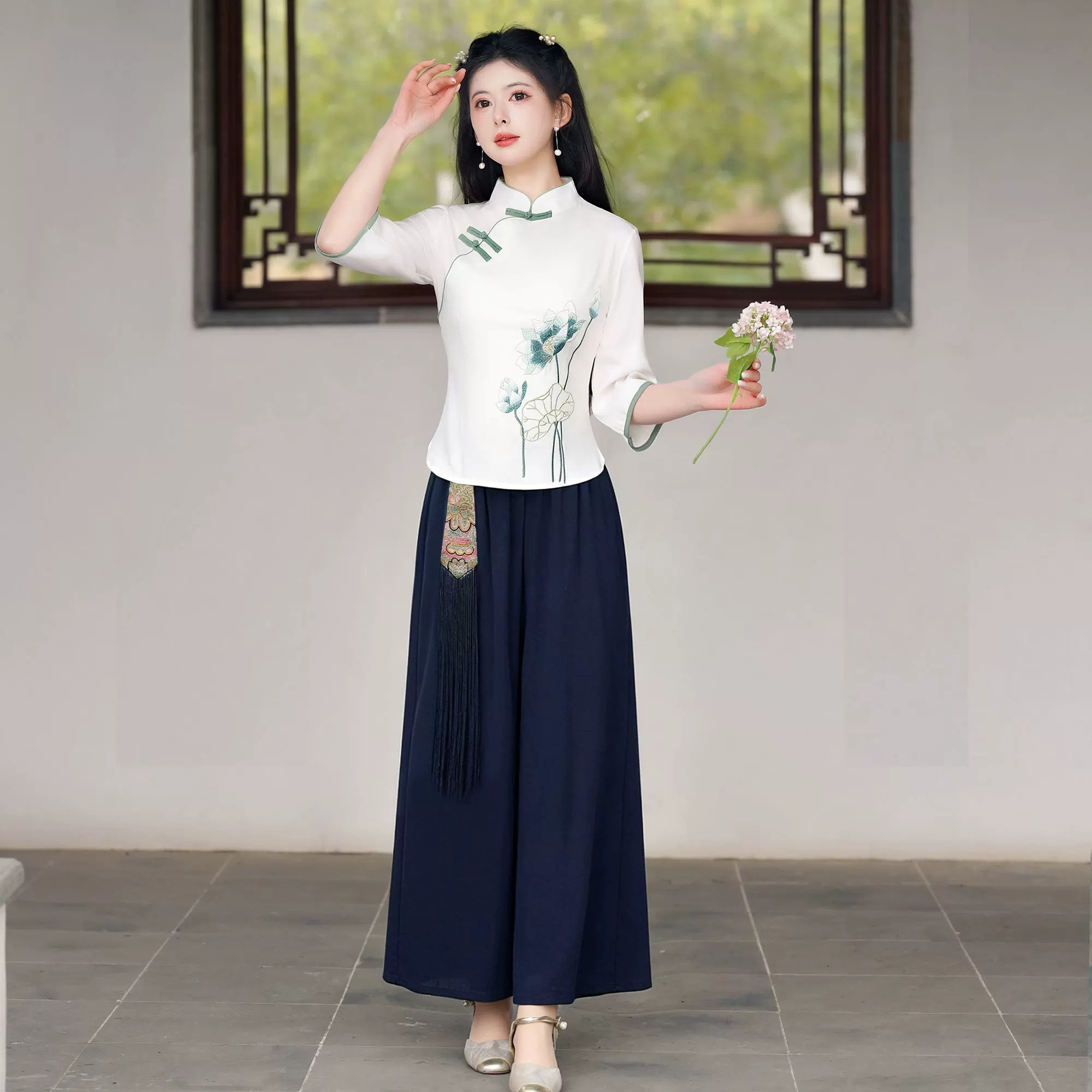新中式茶艺师服女夏茶楼工作服显瘦两件套改良汉服制服日常可穿