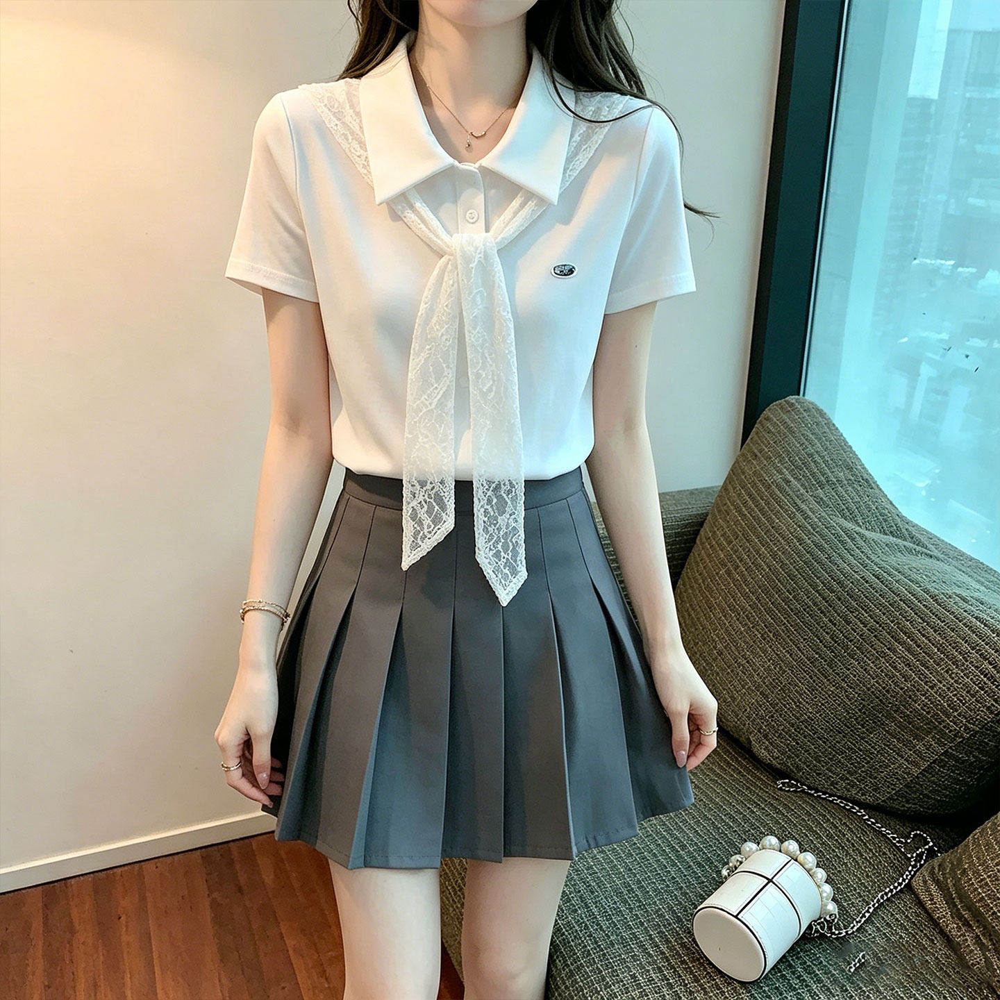 学院风JK制服套装减龄衬衫百褶裙两件套小个子足浴足疗美容院工服