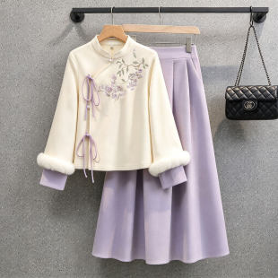 新中式妈妈装冬装棉服套装碎花棉袄两件套中国风连衣裙茶艺师服装