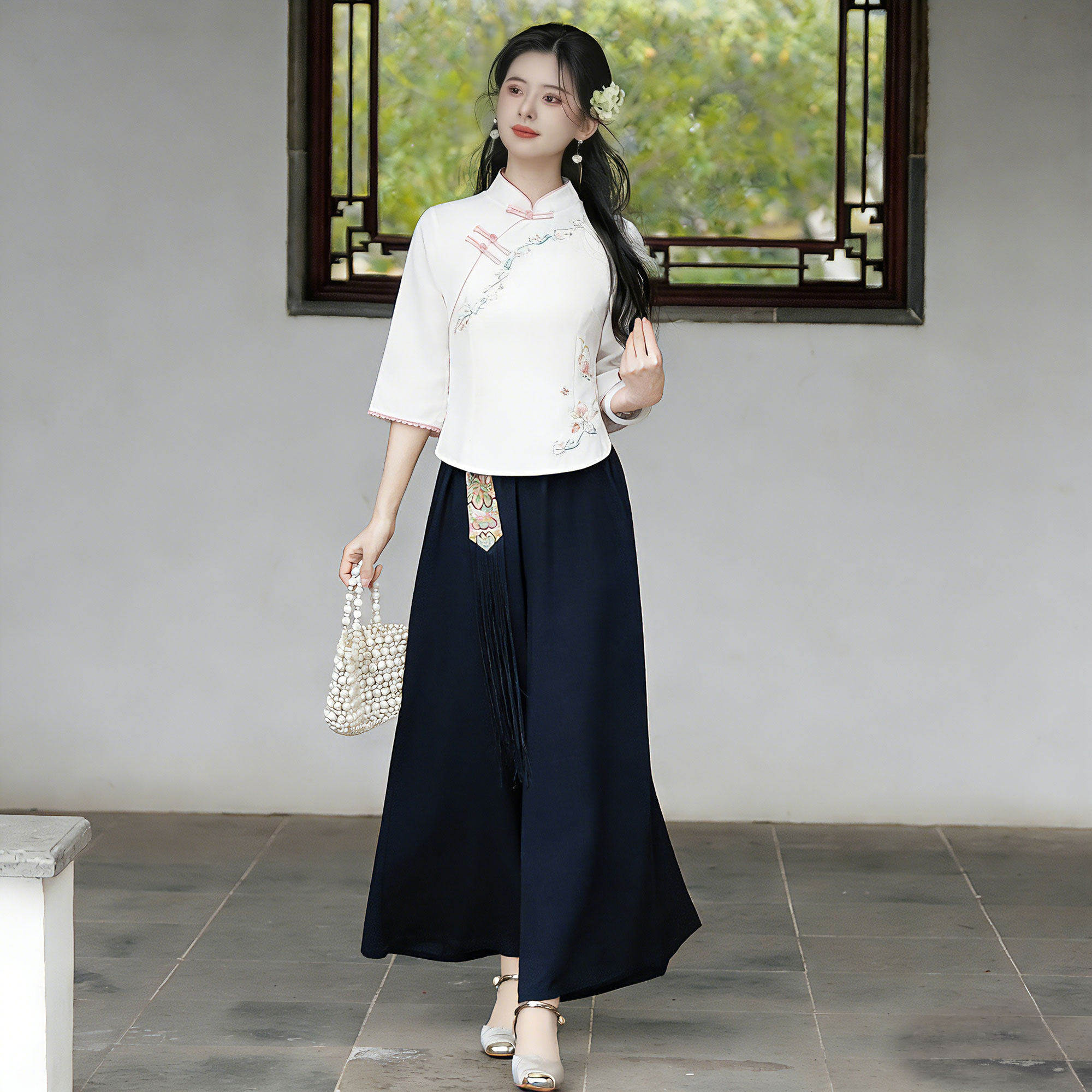 新中式刺绣改良旗袍民国汉服上衣女白色立领茶艺师日常气质禅意风