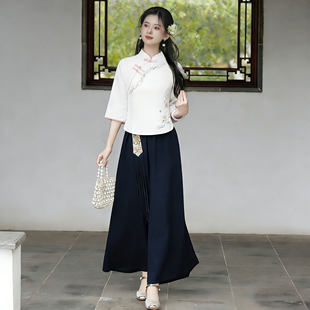 新中式刺绣改良旗袍民国汉服上衣女白色立领茶艺师日常气质禅意风