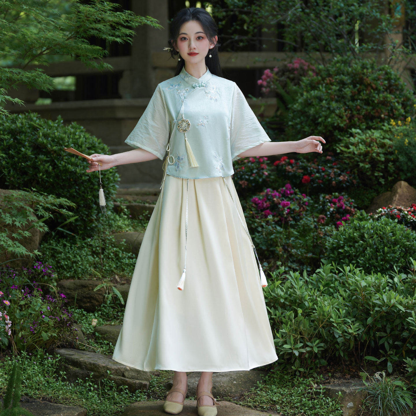 学生新中式夏装改良汉服日常旗袍两件套清新蓝上衣半身裙拍照茶服