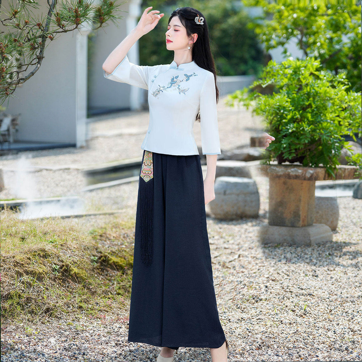 新中式中国风夏季薄款汉服成人盘扣上衣旗袍小个子茶艺师工作服女