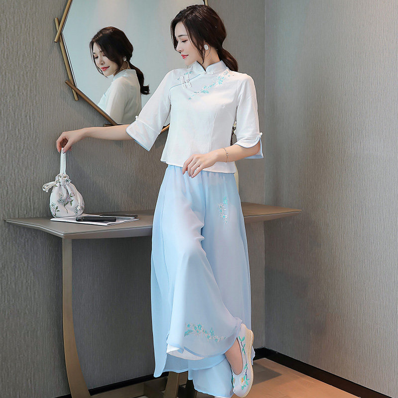 民国风改良汉服茶艺师服装唐装新中式旗袍上衣套装采耳师工作服女