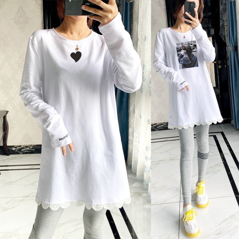 春女装圆领卷边下摆拼蕾丝加长款爱心字母数字印花刺绣T恤打底衫